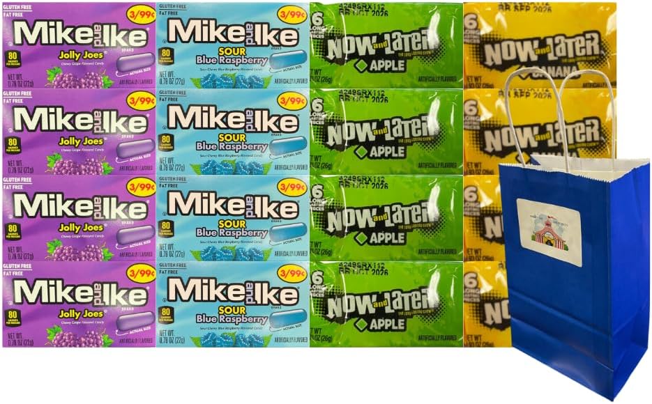 Assorted Candy Mix Variety Pack – 16 Count Bulk Assortment with 4 Each of 2 Mike and Ike & 2 Now and Later Flavors