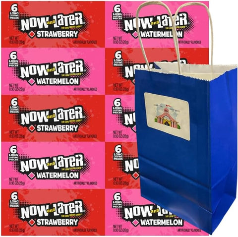 Variety Pack Now and Later Candy, Long-Lasting Fruit Flavors, 10 Count, Individually Wrapped, Strawberry & Watermelon, 0.93 oz Each, with Blue Gift Bag, 5.25x3.2x8 in