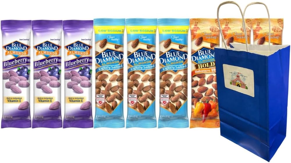 Variety Pack Diamond Almonds 9-Pack – 1.5oz Bags of Blueberry, Lightly Salted, Habanero BBQ Flavors – 3 Each – With 5.25x3.2x8 Blue Paper Gift Bag – On-the-Go Snack