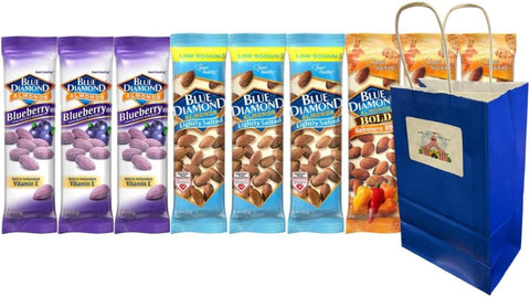Variety Pack Diamond Almonds 9-Pack – 1.5oz Bags of Blueberry, Lightly Salted, Habanero BBQ Flavors – 3 Each – With 5.25x3.2x8 Blue Paper Gift Bag – On-the-Go Snack