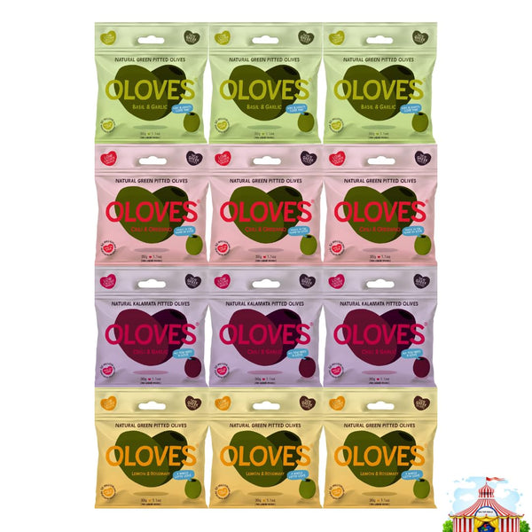 Variety Pack Pitted Green Olives & Kalamata Olives Oloves - 4 Flavors: Basil & Garlic, Chili & Oregano, Lemon & Rosemary, Chili & Garlic - 12 Pack (3 Each Flavor) 1.1 Oz Each - Perfect for Snacks