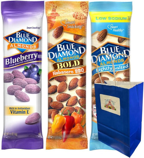 Variety Pack Diamond Almonds (Blueberry, Habanero BBQ, Lightly Salted) – 1.5 oz Bags, 3 Pack with 5.25x3.2x8 Blue Paper Bag Included | Healthy Snacks for On-the-Go