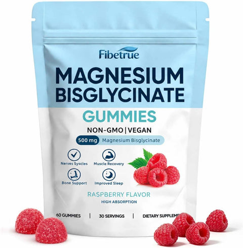 Magnesium Glycinate Gummies 500mg – High Absorption Chelated Magnesium for Sleep, Muscle & Nerve Support – Vegan Raspberry Flavor, 60 Gummies