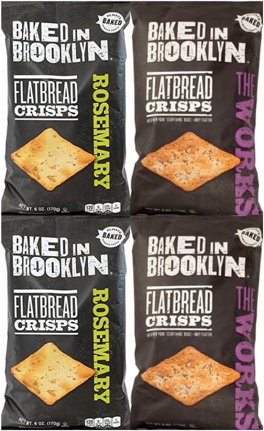 Variety Pack Flatbread Crisps Baked in Brooklyn, 2 Flavors: Rosemary and The Works, 2 Each Flavor, 6 oz, 4 Pack - Perfect for Parties, Appetizers, and On-the-Go - Crispy, Delicious, and Healthy
