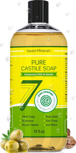 Seven Minerals Pure Castile Soap - No Palm Oil, GMO-Free - Gentle Liquid Soap For Sensitive Skin & Baby Wash - All Natural Vegan Formula with Organic Carrier Oils (16 Fl Oz, An Unscented)