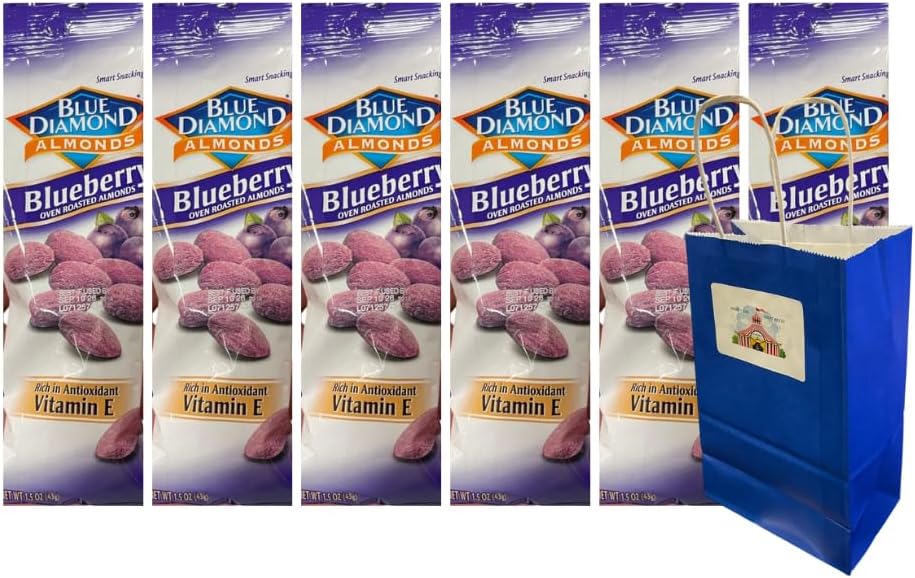 Snack Pack Diamond Almonds 6 Count, Blueberry Flavored Roasted Almonds 1.5oz Each, Includes Blue Paper Gift Bag, Healthy On-the-Go Protein Snack, Gluten Free