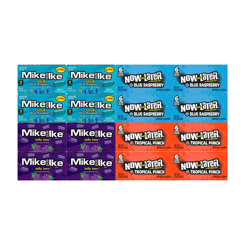 Assorted Candy Mix - Mike and Ike (Sour Blue Raspberry, Jolly Joes) + Now and Later (Blue Raspberry, Tropical Punch) - 16-Pack Variety Pack