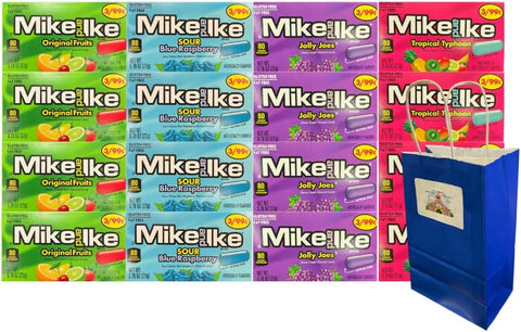 Variety Pack Mike and Ike Candy Assorted Chewy Candies Sour Blue Raspberry Jolly Joes Tropical Typhoon Original Fruits 4 Each 0.78 oz Pouches 16 Pack with Blue Paper Gift Bag 5.25x3.2x8 Inch