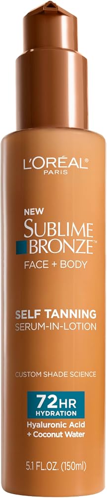 L'Oreal Paris Sublime Bronze Hydrating Self Tanning Serum-In-Lotion, Self Tanner for Face and Body with Coconut Water and Hyaluronic Acid, Provides Natural-Looking Color & 72 HR Hydration, 5 Fl Oz