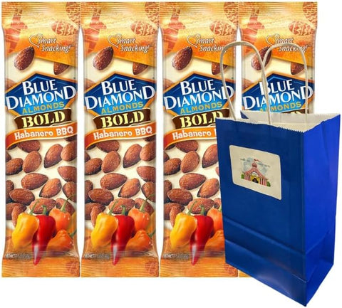Snack Pack Diamond Habanero BBQ Almonds 1.5 oz Bags 4 Pack with 5.25x3.2x8 Blue Paper Gift Bag – Bold Spicy Protein Snack – On-the-Go Crunchy Nuts for Travel, Office, Gifting