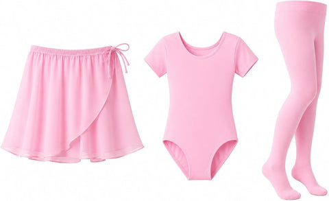 Moret Kids Girls' Ballet and Dance 3-Pack Complete Dance Outfit Set - Pink Chiffon Wrap Skirt, Short Sleeve Leotard & Footed Tights Matching Set, Size 6-7