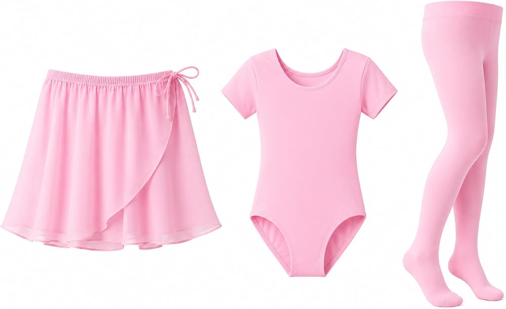 Moret Kids Girls' Ballet and Dance 3-Pack Complete Dance Outfit Set - Pink Chiffon Wrap Skirt, Short Sleeve Leotard & Footed Tights Matching Set, Size 2-3