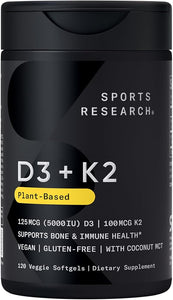 Sports Research® Vegan Vitamin D3 + K2 w/Coconut Oil, 120 Count Plantgels™ - Personal Care