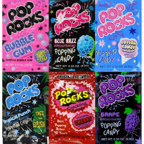 Variety Pack Pop Rocks Popping Candy, 6 Count, Bubble Gum, Blue Razz, Cotton Candy, Tropical Punch, Cherry and Grape, 0.33 oz Individually Wrapped Packs