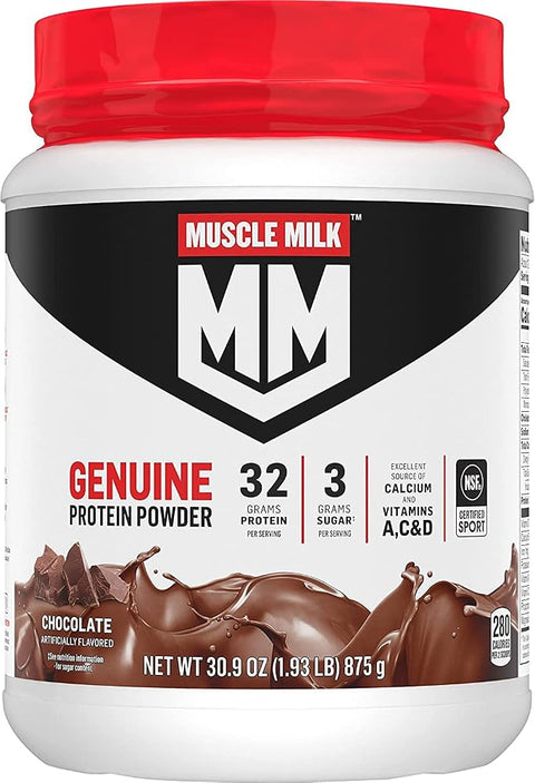 Muscle Milk Genuine Protein Powder, Chocolate, 1.93 Pounds, 13 Servings, 32g Protein, 2g Sugar, Calcium, Vitamins A, C & D, NSF Certified for Sport, Energizing Snack, Packaging May Vary