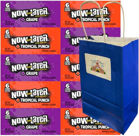 Variety Pack Now and Later Candy – 10 Individually Wrapped Chewy Fruit Candies, Includes Grape and Tropical Punch, Blue Paper Gift Bag, Great for Snacking, Parties, Travel, Kids, 0.93 oz