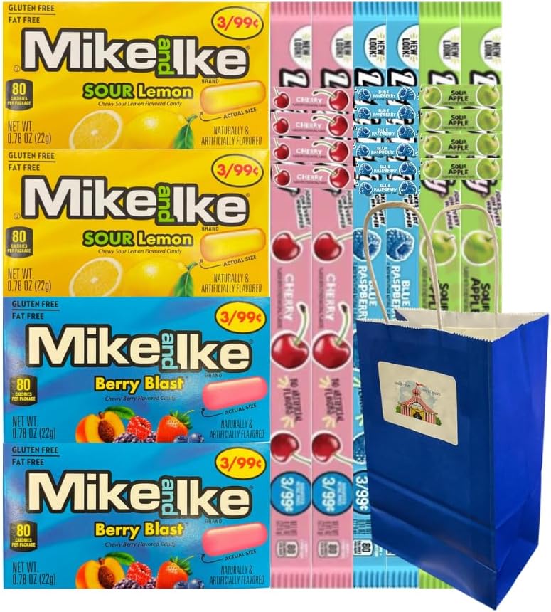 Big Top Deals USA Blue Paper Bag 5.25x3.2x8 Inches with Candy Mix Mike and Ike Berry Blast Sour Lemon 0.78oz & Taffy Ropes Cherry Blue Raspberry Sour Apple 0.81oz 10 Pack Sweet Treats