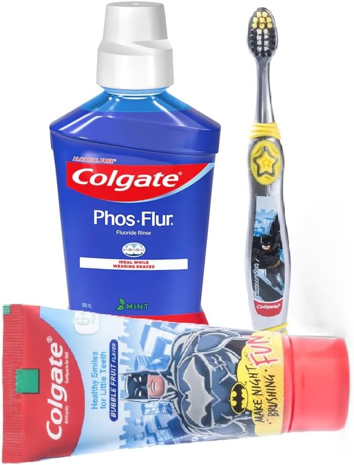 Colgate Kids Complete Dental Care Batman Anticavity Toothpaste 80g and PhosFlur Mint MouthWash 500ml with BatmanToothbrush Extra Soft with Tongue Cleaner for Children Above 6 Years