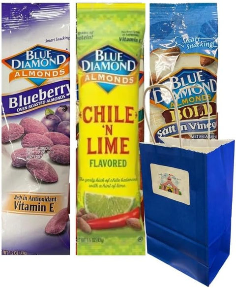 Variety Pack Diamond Almonds – Salt 'n Vinegar, Chile 'n Lime, Blueberry Flavored, 1.5 oz Snack Packs, 3 Pack – Includes 5.25x3.2x8 Blue Paper Bag – Perfect for On-the-Go Snacks