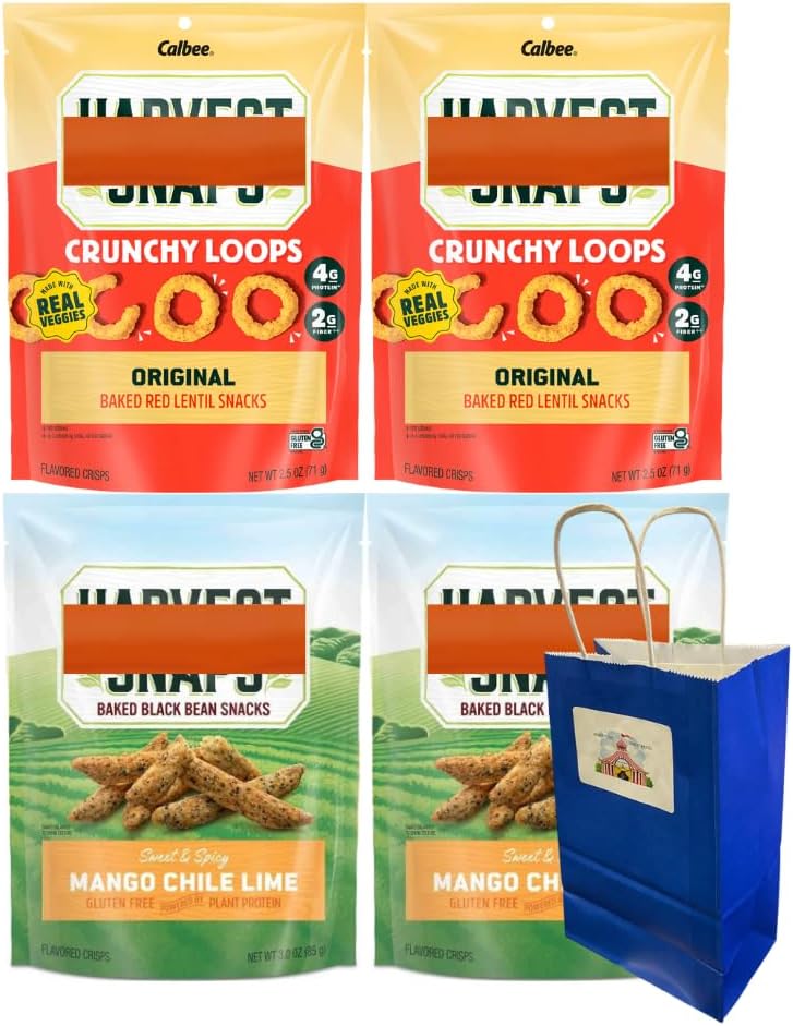 Big Top Deals USA Blue Paper Bag Bundle, 5.25x3.2x8, with Snaps Veggie Chips Original & Mango Chile Lime (2 Bags of Each Flavor) - 4 Pack Custom Bundle