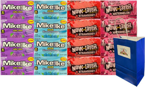 Assorted Candy Mix – 2 Mike and Ike & 2 Now and Later Flavors – Chewy, Fruity, Bulk 16 Pack – Individually Wrapped – Blue Raspberry, Jolly Joes, Strawberry, Watermelon – With Blue Paper Bag