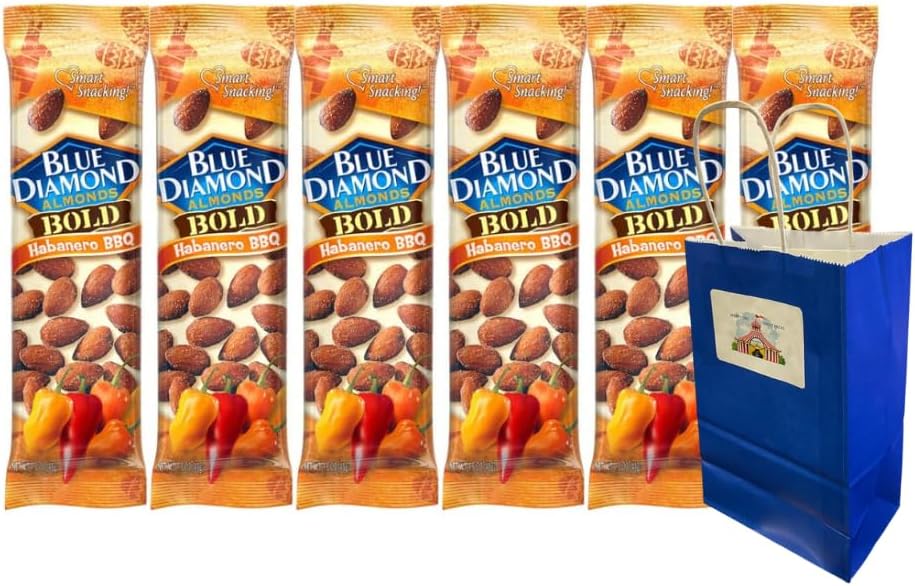 Snack Pack Diamond Almonds Habanero BBQ 6 Count 1.5oz Bags with Blue Gift Bag, Spicy Roasted Nuts Protein Snack for Adults Kids Lunch Office Travel On-the-Go Kosher Non-GMO Low Carb