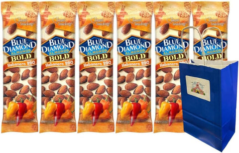 Snack Pack Diamond Almonds Habanero BBQ 6 Count 1.5oz Bags with Blue Gift Bag, Spicy Roasted Nuts Protein Snack for Adults Kids Lunch Office Travel On-the-Go Kosher Non-GMO Low Carb