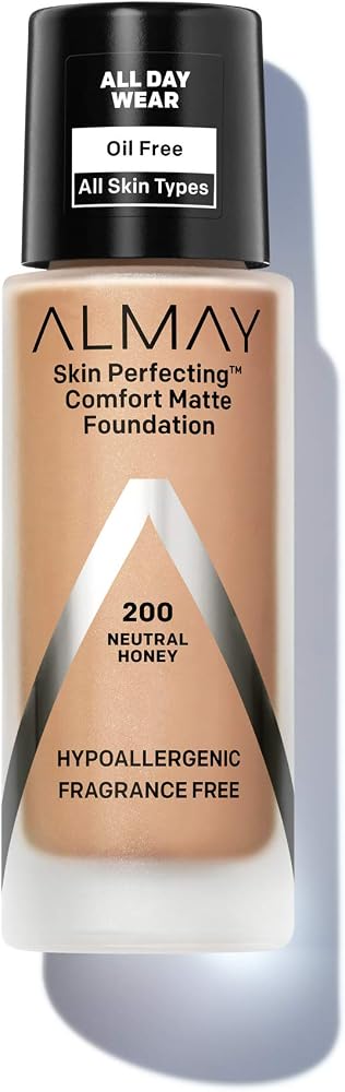 Almay Skin Perfecting Comfort Matte Foundation, Hypoallergenic, Cruelty Free, -Fragrance Free, Dermatologist Tested Liquid Makeup, Neutral Honey, 1 Fluid Ounce