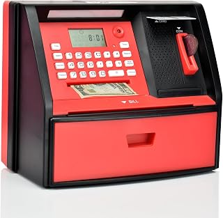 ATM Piggy Bank for Kids, Electronic Money Bank with Coin Counter, Card & Password, Mini ATM Machine Birthday Gift for Boys and Girls – Fun Educational Savings Toy (Black/Red)