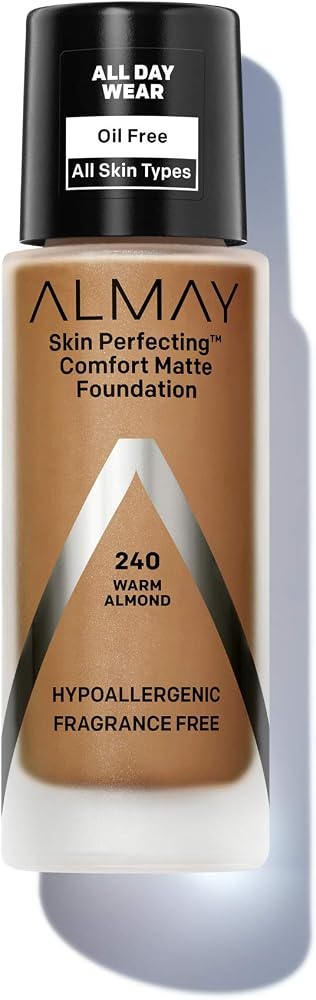 Almay Skin Perfecting Comfort Matte Foundation Liquid Makeup, Hypoallergenic, Cruelty- & Fragrance-Free, Dermatologist-Tested, 240 Warm Almond, 1 fl oz