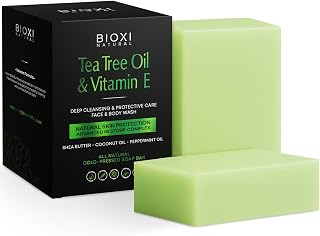 Tea Tree Oil & Vitamin E Soap Bar - Advanced Deep Cleansing, Exfoliation & Protective Care Face & Body Wash - Natural Korean Cold-Pressed Formula with Shea Butter, Coconut & Peppermint Oil
