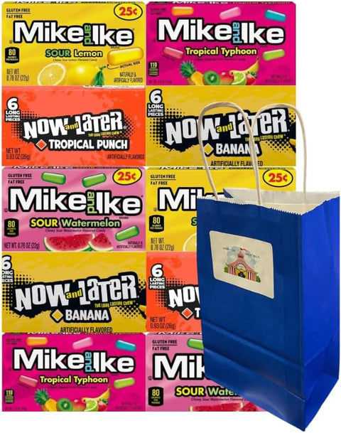 Assorted Candy Mix, 10 Pack, 2 Each Flavor – Mike and Ike & Now and Later – Sour Watermelon, Tropical Punch, Sour Lemon, Banana, Tropical Typhoon – Blue Paper Bag, 5.25x3.2x8 Inch