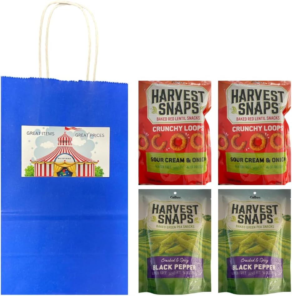 Big Top Deals USA Blue Paper Bag Bundle with Snaps Veggie Chips – 4-Pack (2x Sour Cream & Onion, 2x Black Pepper) – 5.25x3.2x8 Custom Bundle – Perfect for Snack Lovers