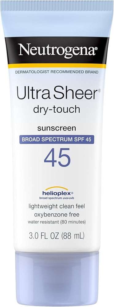 Neutrogena Ultra Sheer Dry-Touch Sunscreen Lotion, Broad Spectrum SPF 45 UVA/UVB Protection, Light, Water Resistant, Non-Comedogenic; Non-Greasy, Travel Size, 3 fl. oz