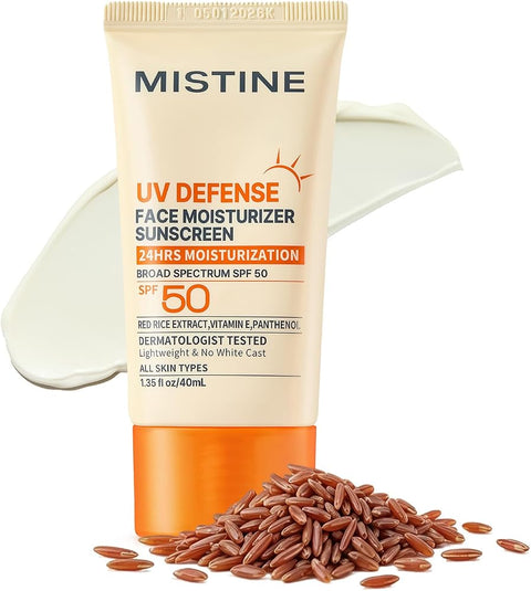 Mistine UV Defense Face Moisturizer Sunscreen SPF 50, 24HRS Hydrating Sunscreen, No White Cast, Broad Spectrum Lightweight Korean Sunscreen for All Skin, Reef Safe, Travel Size-1.35 fl oz/40mL