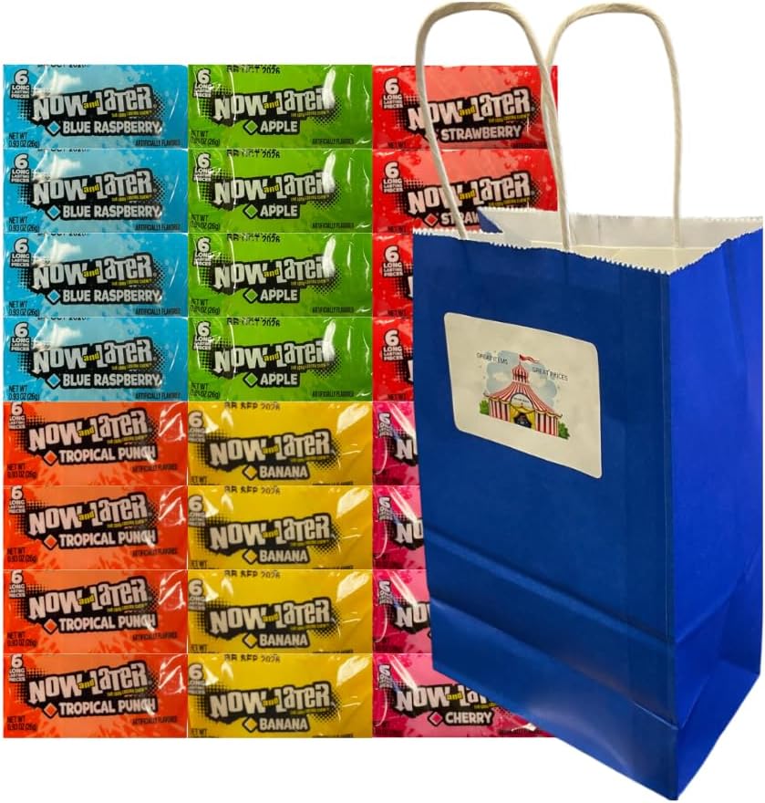Variety Pack Now and Later Candy – 24 Individually Wrapped 0.93 oz Packs – Assorted Fruity Flavors – Blue Paper Bag 5.25x3.2x8 in – Perfect for Parties, Snacks, Goodie Bags, Gifting