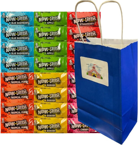 Variety Pack Now and Later Candy – 24 Individually Wrapped 0.93 oz Packs – Assorted Fruity Flavors – Blue Paper Bag 5.25x3.2x8 in – Perfect for Parties, Snacks, Goodie Bags, Gifting