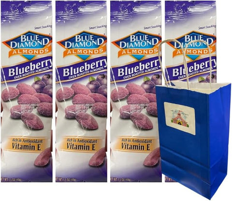 Snack Pack Diamond Almonds Blueberry Flavor 1.5 oz Each, Convenient 4-Pack, Includes 5.25x3.2x8 Blue Paper Bag, Healthy Protein Snack, On-the-Go, Gluten-Free, Keto Friendly