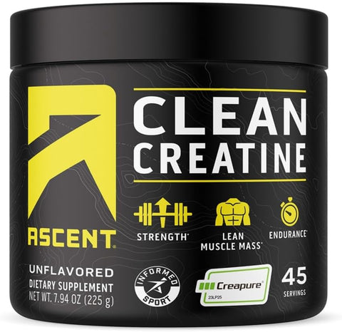 Ascent Clean Creatine Monohydrate, Creapure, Unflavored, 45 Servings