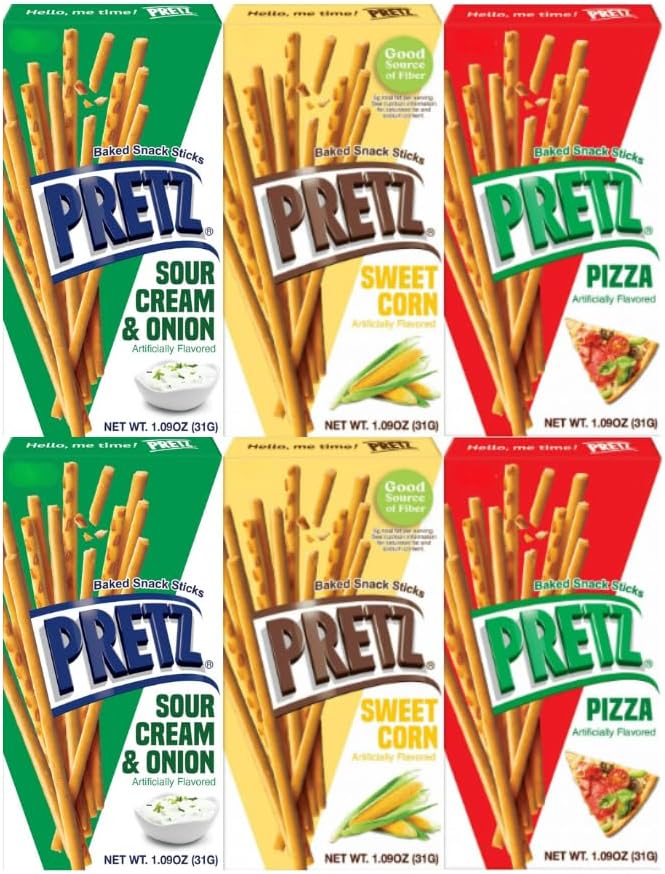 Variety Pack Pretzel Sticks, Sour Cream & Onion, Sweet Corn, Pizza, 2 Each Flavor, 1.09 oz Individual Packs, 6-Count Box - Perfect for Snacking, Parties, and Gifting