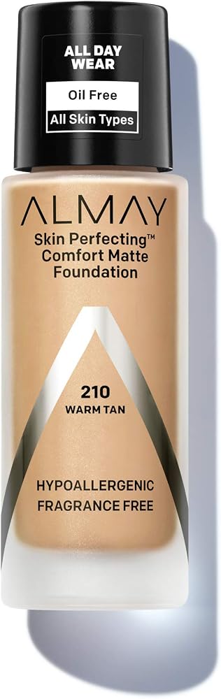 Almay Skin Perfecting Comfort Matte Foundation, Hypoallergenic, Cruelty Free, -Fragrance-Free, Dermatologist Tested Liquid Makeup, Warm Tan, 1 Fluid Ounce