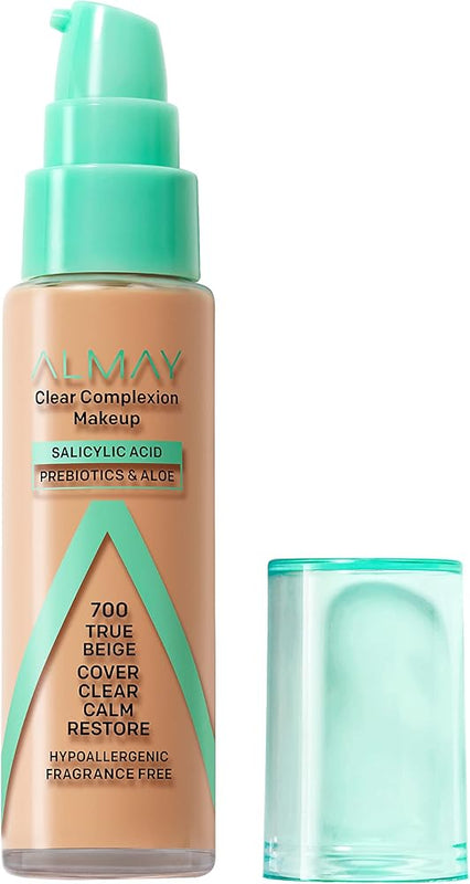 Almay Clear Complexion Acne Foundation Makeup with Salicylic Acid, Medium Coverage, Soft Matte Finish, Hypoallergenic, Cruelty- & Fragrance-Free, 700 True Beige, 1 fl oz - Face Makeup - Beauty - Cosmetics - Perfume