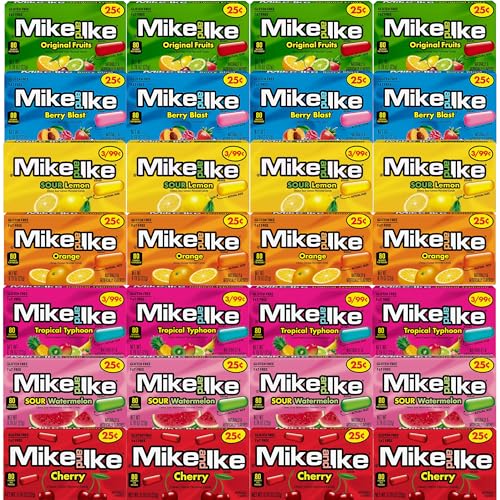 Mike and Ike Mini Box Bulk 28 Pack, Variety 7 Flavor Pack, 4 of Each Flavor (28 Boxes x 0.78oz Boxes Total) Original, Orange, Sour Lemon, Tropical Mini, Berry Blast, Sour Watermelon, Cherry