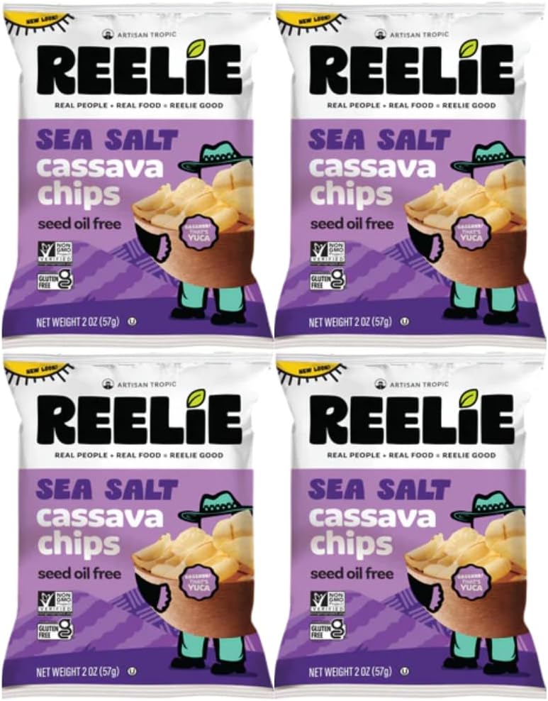 Sea Salt Cassava Chips Reelie 2 oz, 4 Pack | Gluten Free Cassava Chips Snack, Non-GMO Crunchy Root Vegetable Chips, Light & Crispy Healthy