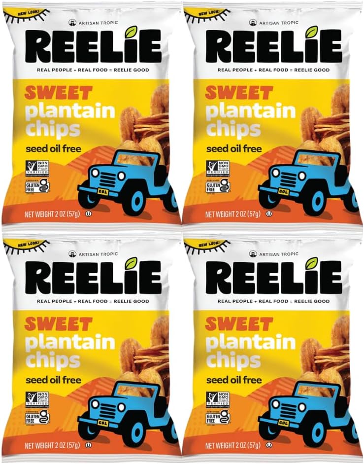 Plantain Chips Reelie, Sweet Flavor, 2 oz Bags, 4 Pack, Gluten Free Snack, Crunchy Plant-Based, Non-GMO