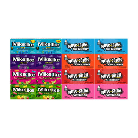 Assorted Candy Mix 16 Pack – Includes 4 Flavors of Mike and Ike & 4 Flavors of Now and Later – 2 of Each Flavor – Chewy and Fruity Variety Pack for Snacking, Sharing, and Gifting