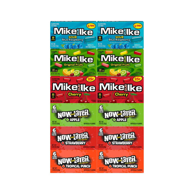 Assorted Candy Mix Variety Pack, 3 Flavors of Mike and Ike & 3 Flavors of Now and Later, Fruity Chewy Candies in Individual Packs, Bulk 12 Pack for Snacking, Sharing, and Parties