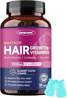 ZEBORA Biotin Gummies with Hyaluronic Acid & Keratin, 90 Blueberry Gummies