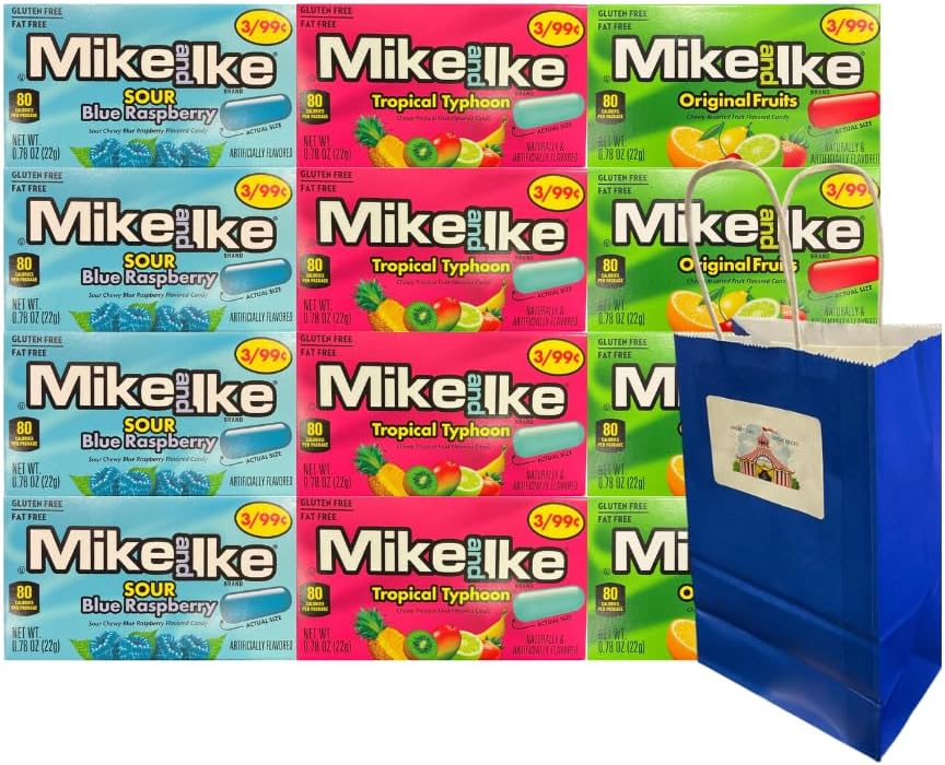 Variety Pack Mike and Ike Candy 12 Pack – 4 Each Sour Blue Raspberry, Tropical Typhoon, Original Fruits – Snack Size 0.78 oz Chewy Fruit-Flavored Candy with Blue Paper Bag 5.25x3.2x8 Inch