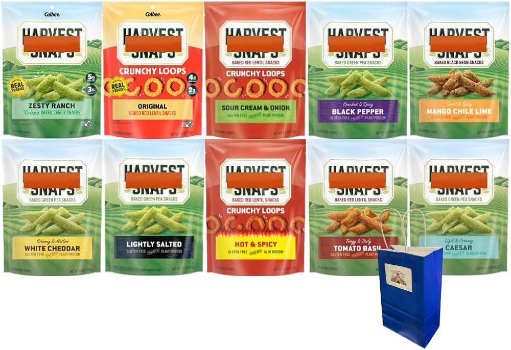 Big Top Deals USA Snack Pack – 10-Flavor Veggie Chip Variety in Blue Paper Bag 5.25x3.2x8 – Includes Harvest Snaps Chips – Custom 10-Pack Assorted Bundle